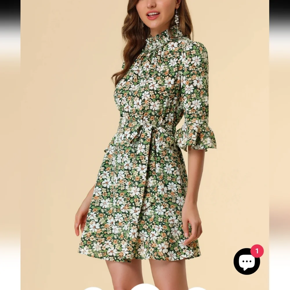 Allegra K Floral 3/4 Bell Sleeves Smocked Belted Flare Ruffle Dress Size S - Picture 4 of 16